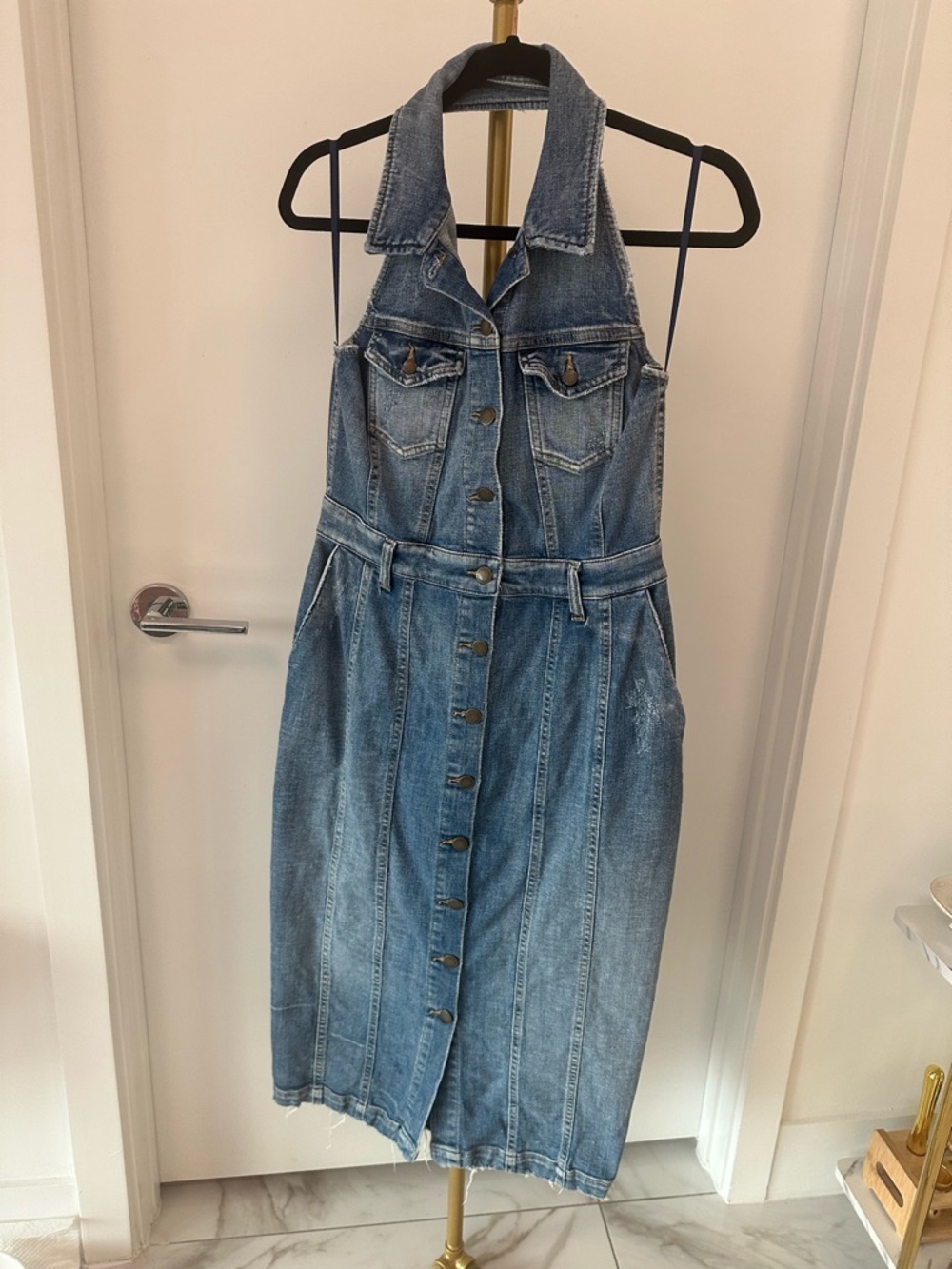 Retrofete Logan Light Blue Denim Halter Button-Front Midi Dress - Picture 4 of 9